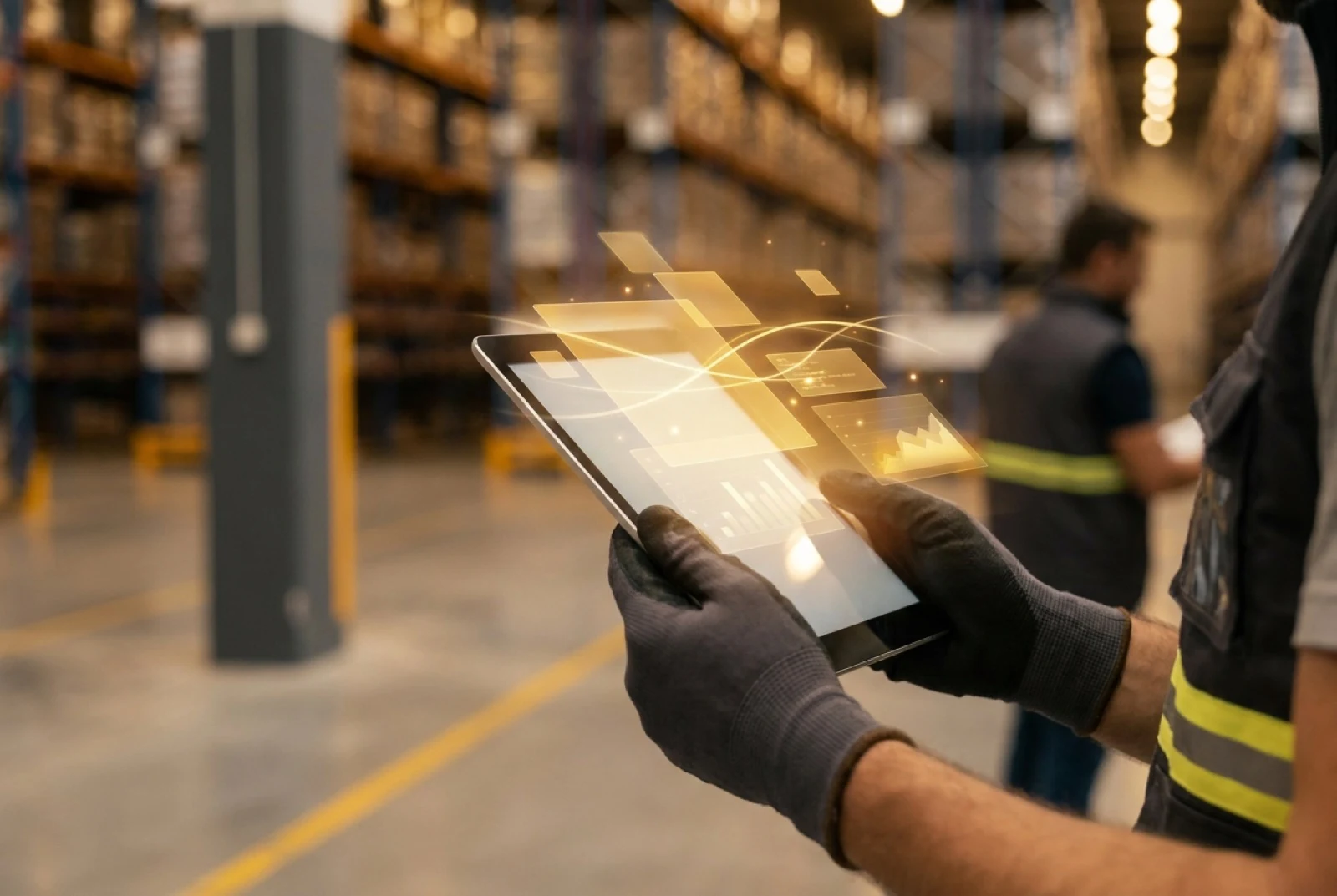 Man-in-warehouse-holding-tablet-with-supply-chain-visibility-software