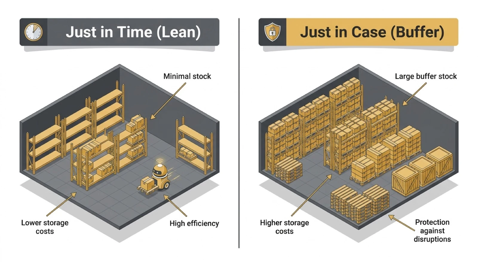 Just in time versus just in case inventory management comparison showing lean and stocked warehouse