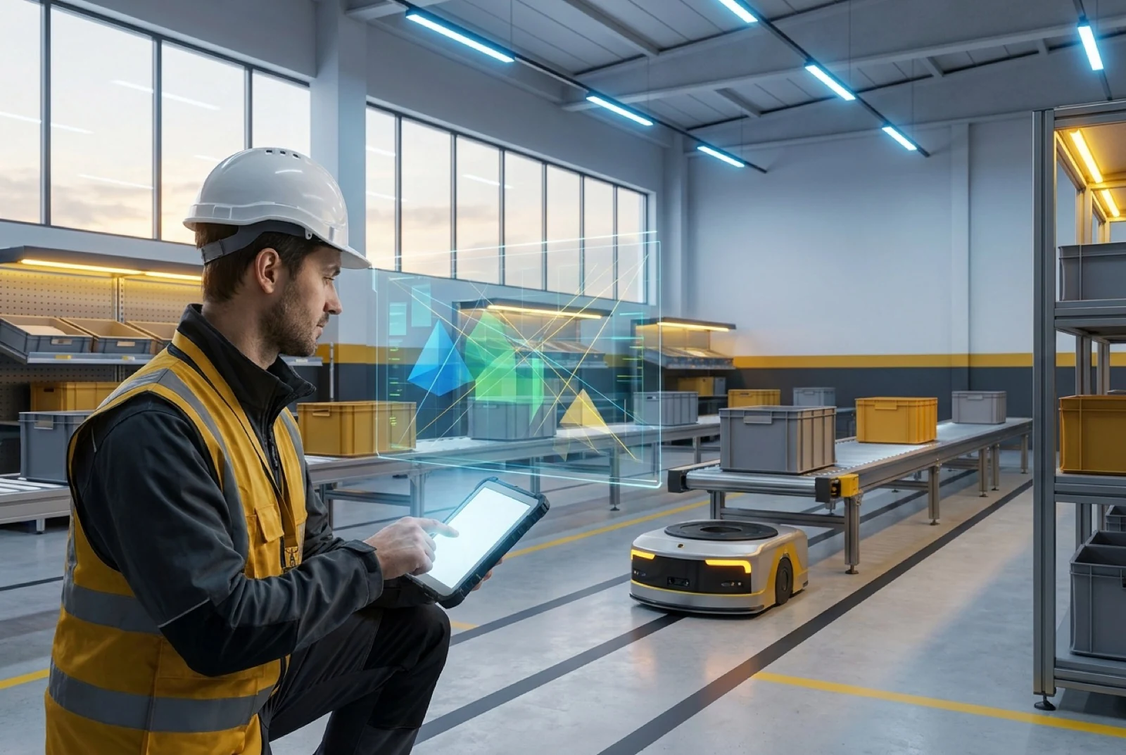 Modern warehouse with WMS software dashboard optimizing warehouse operations