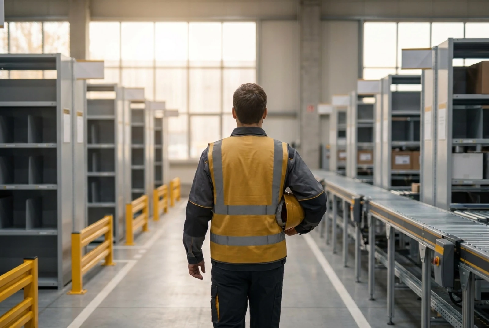 Warehouse-employee-holding-helmet-and-wearing-safety-vest