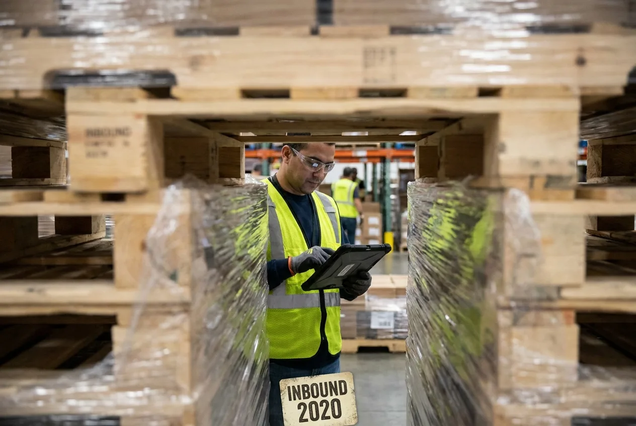 Male warehouse worker in blue shirt checking smartphone in storage facility