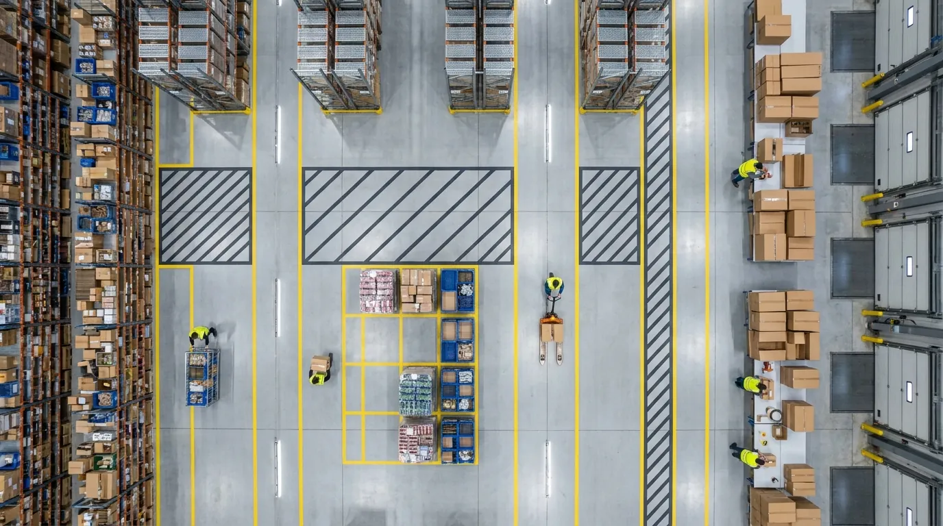 Aerial view of warehouse aisles, staging areas, and packing tables