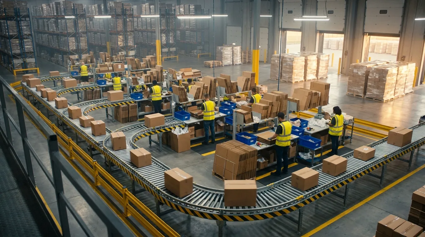 Wide shot of conveyors and packing stations in distribution center