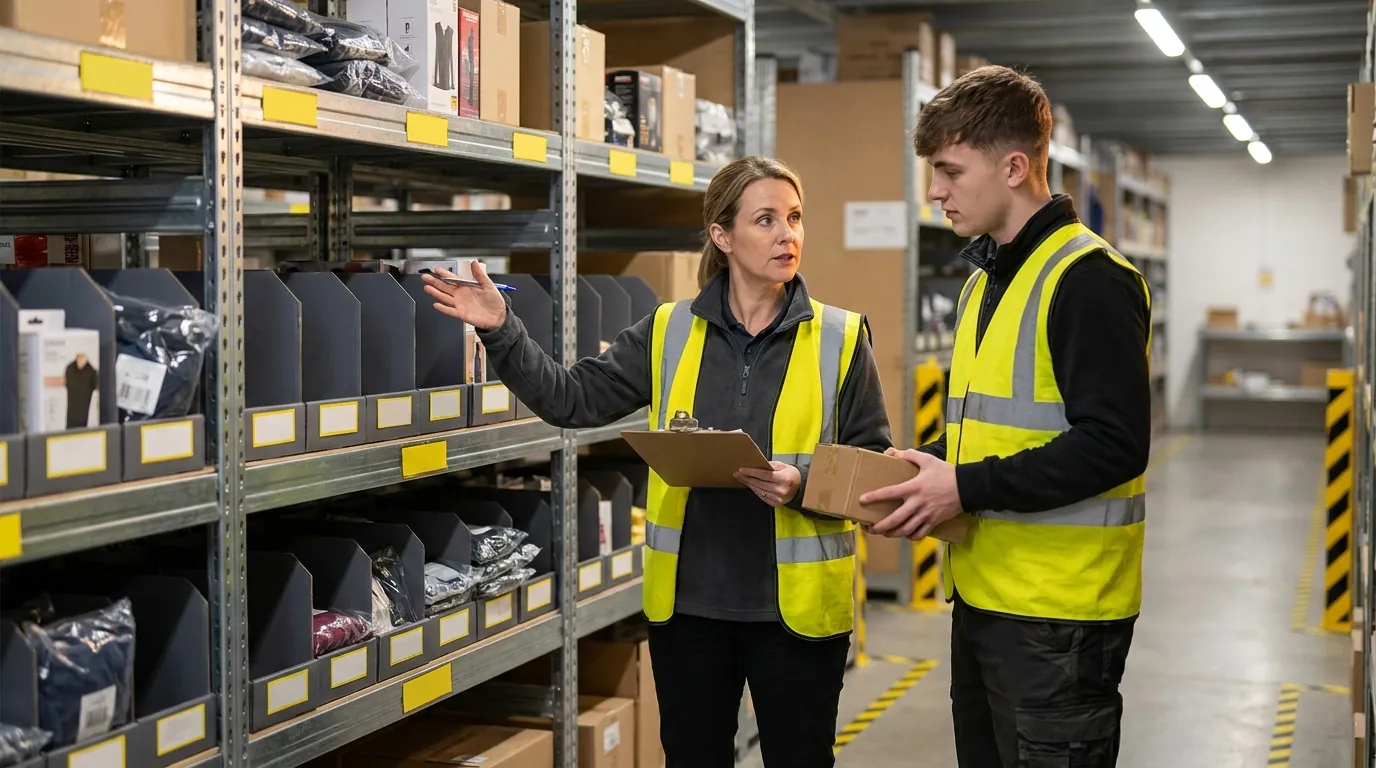 Warehouse supervisor with clipboard guiding worker at picking station