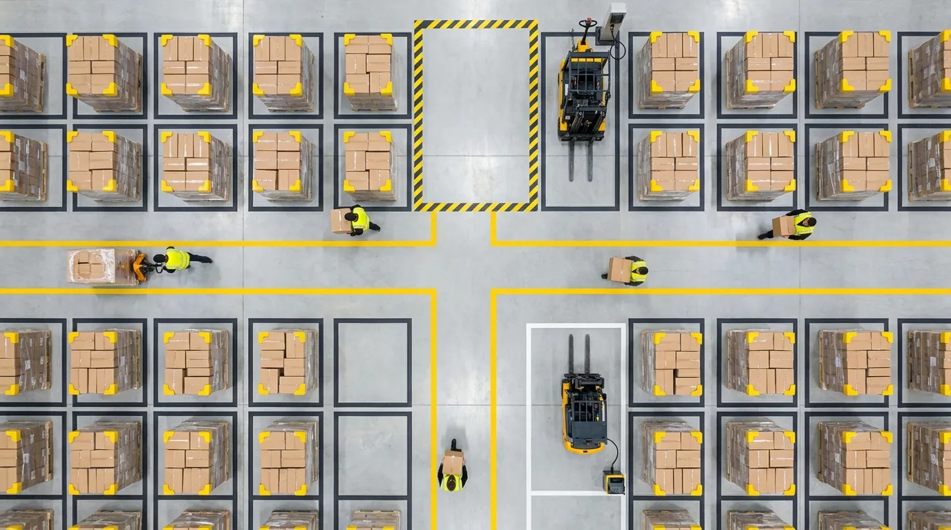 Overhead view of organized warehouse zones with floor markings