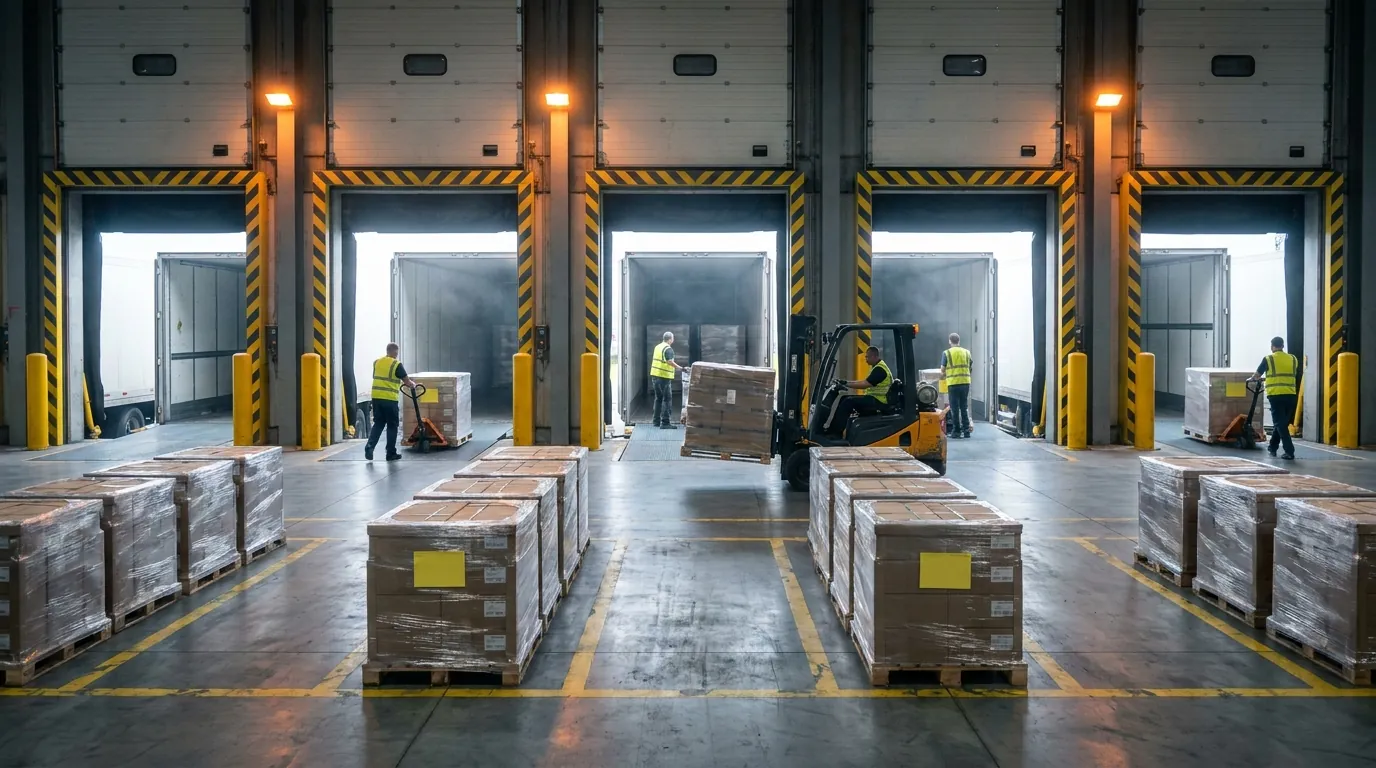 Loading dock with trucks and workers moving staged pallets