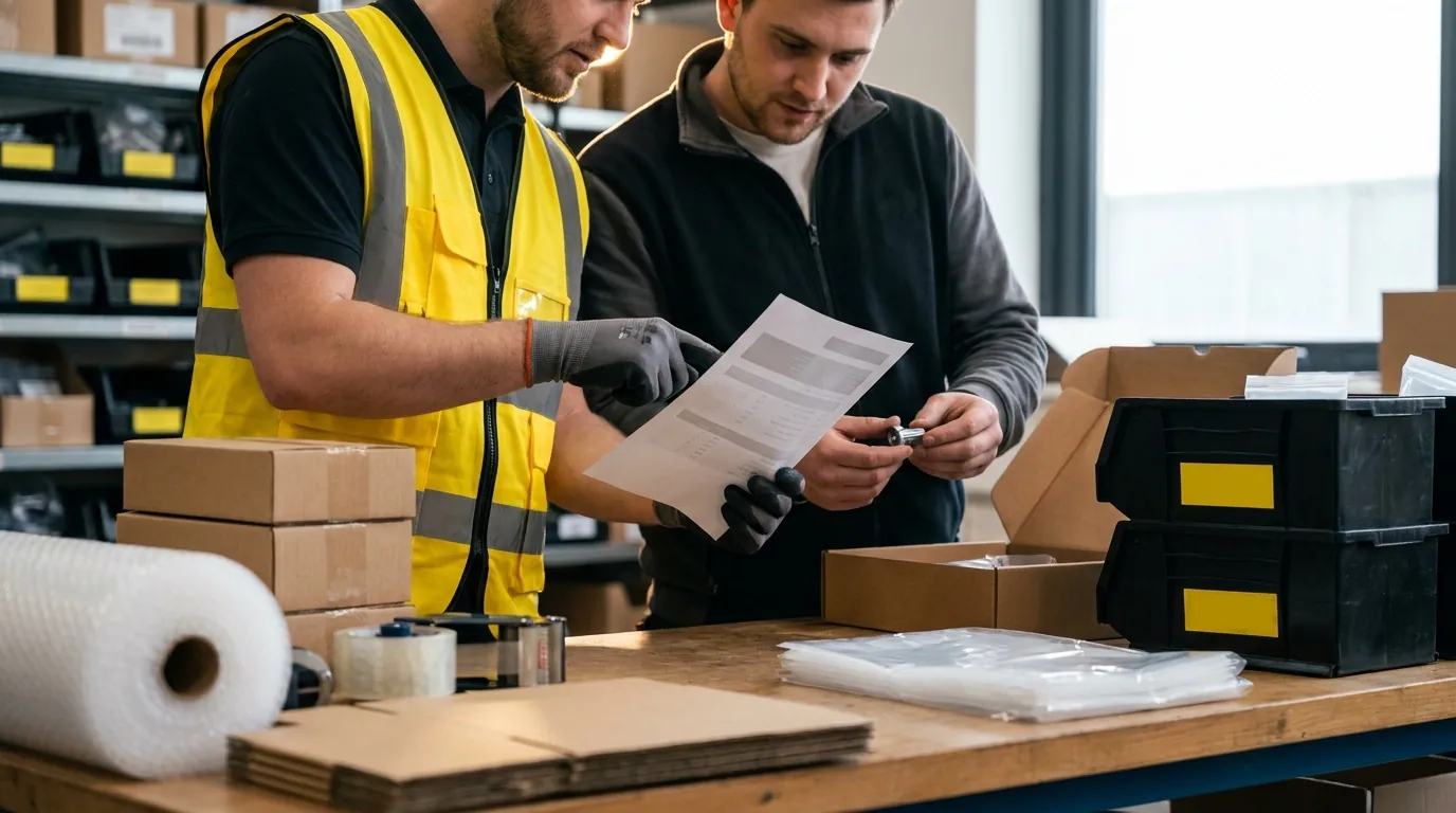 Two warehouse workers reviewing pick list at packing station