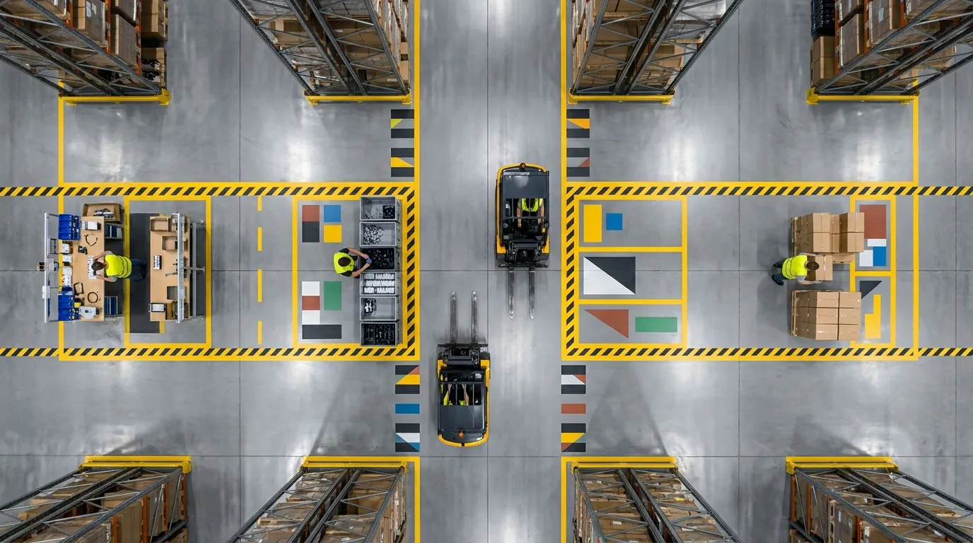 Aerial view of organized warehouse floor with zones