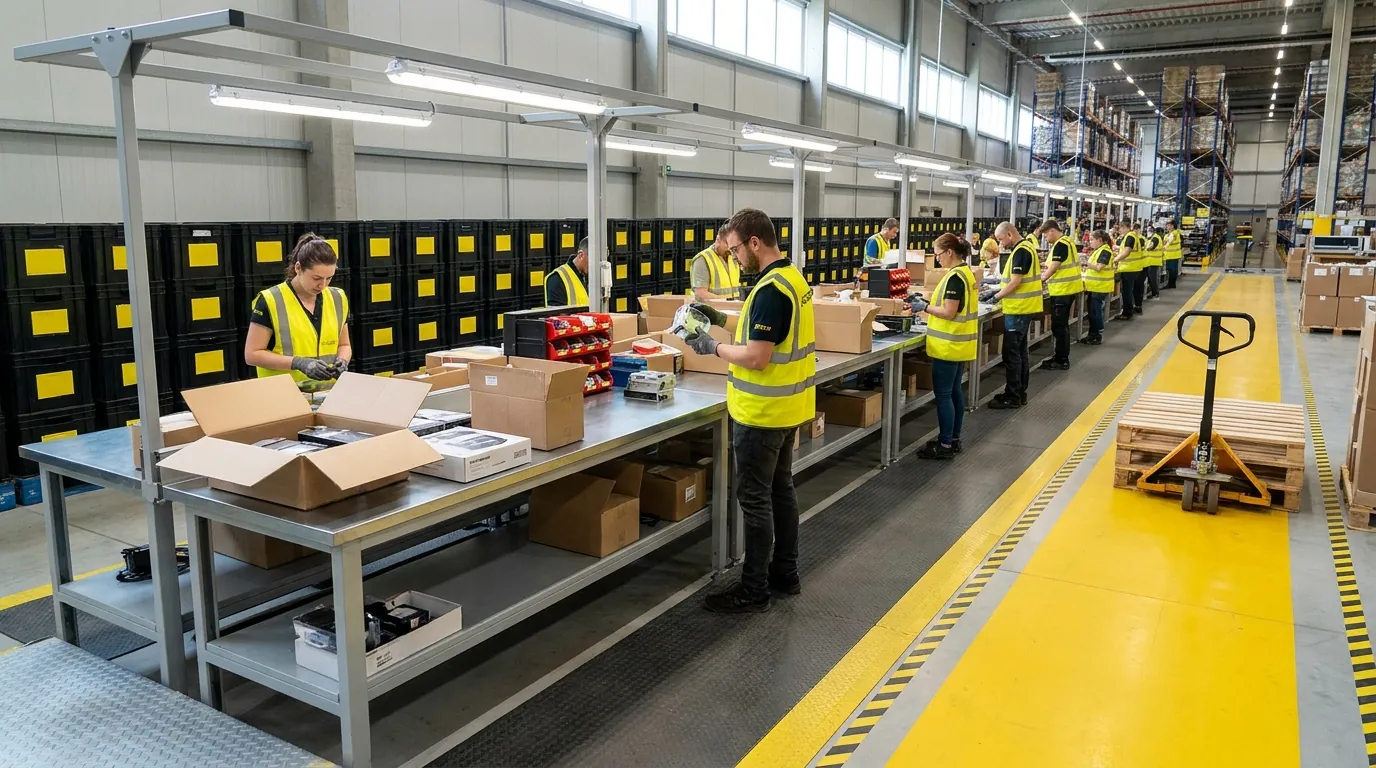 Wide shot of returns processing and sorting area