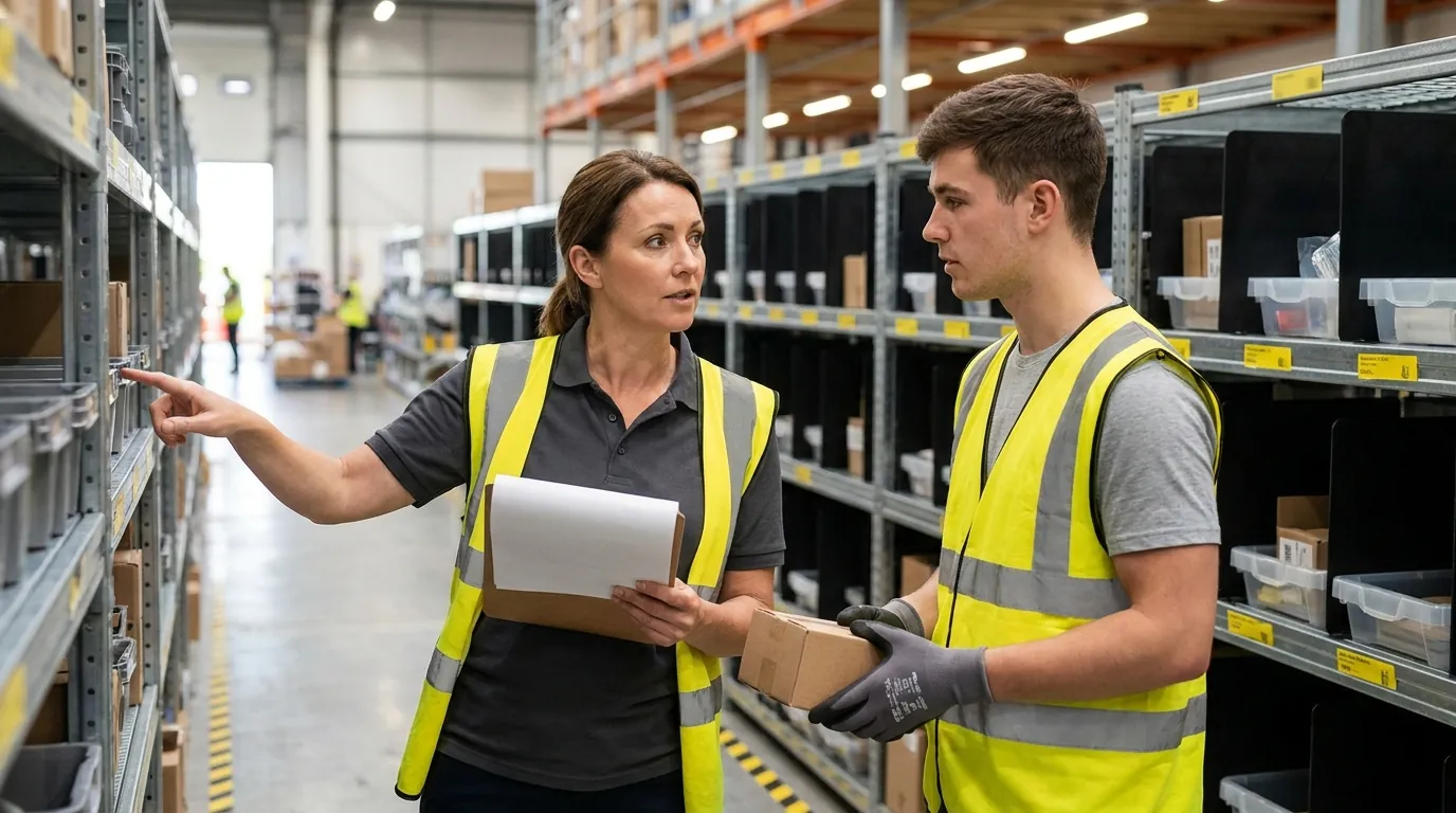 Warehouse supervisor with clipboard guiding worker at picking station