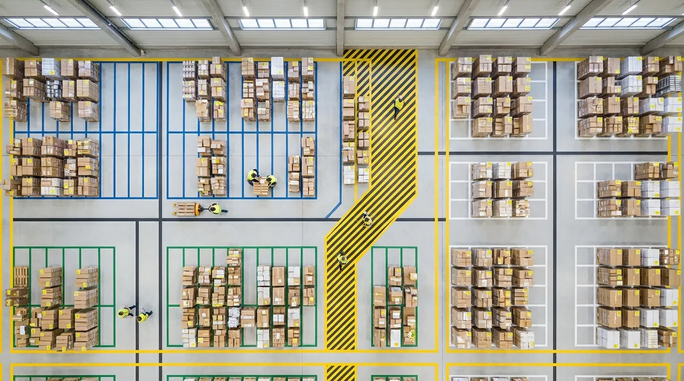 Aerial view of color-coded multi-client warehouse floor zones