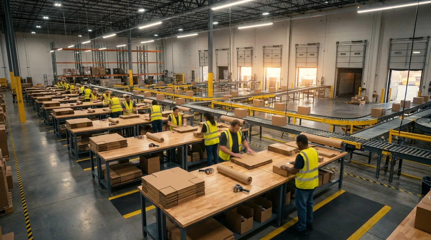Wide shot of distribution center conveyors and packing stations