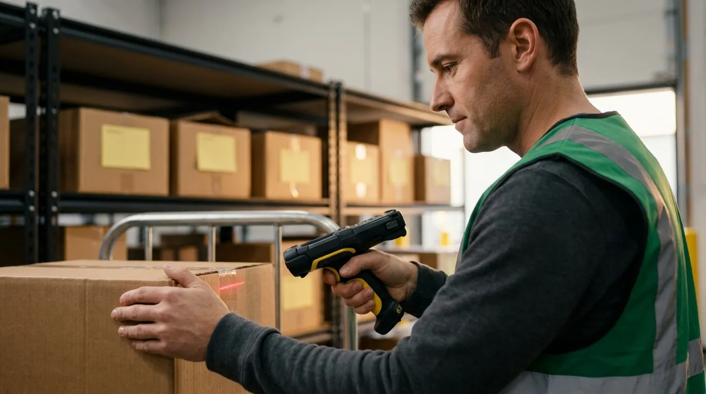 Warehouse worker scanning barcode on cardboard box