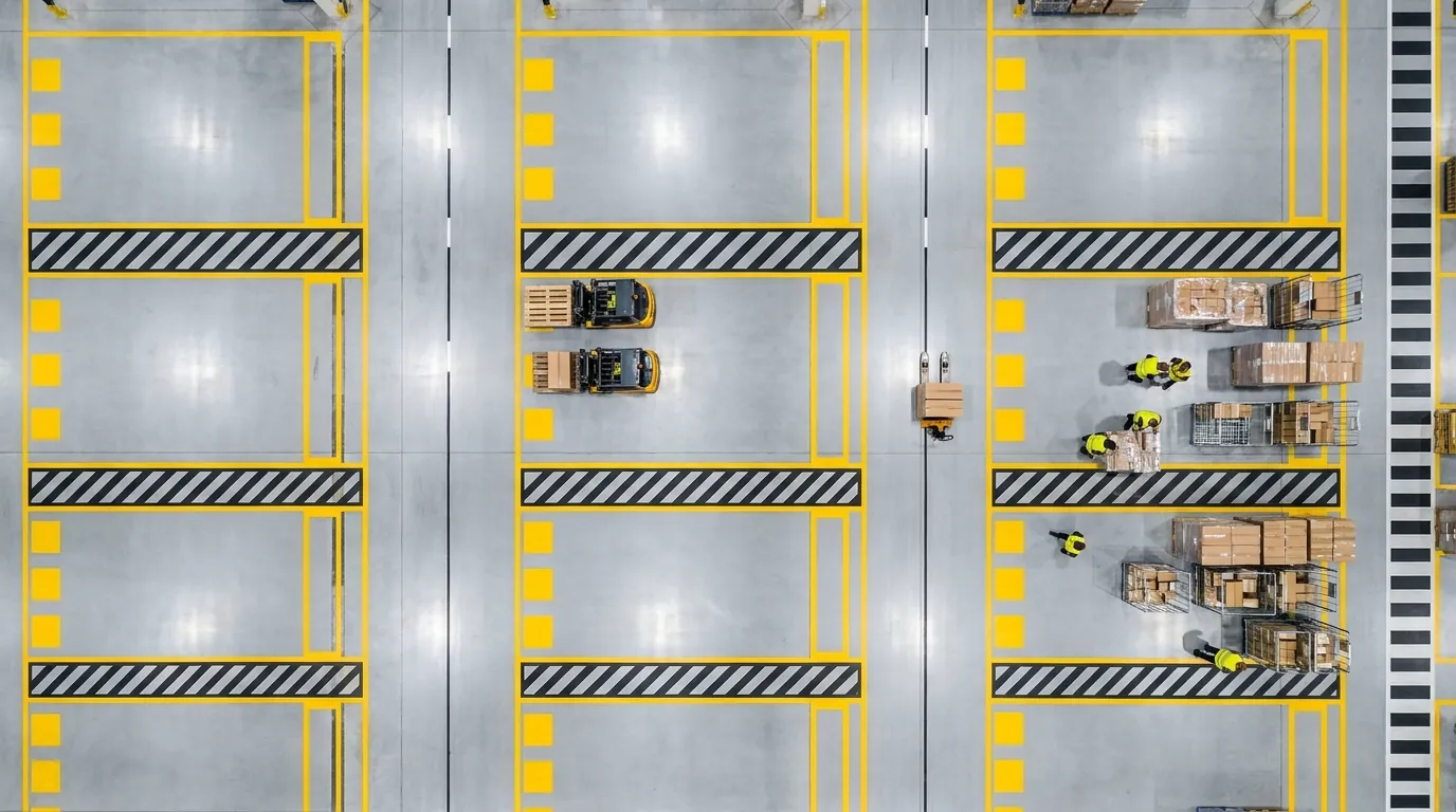 Overhead view of organized warehouse zones and forklifts