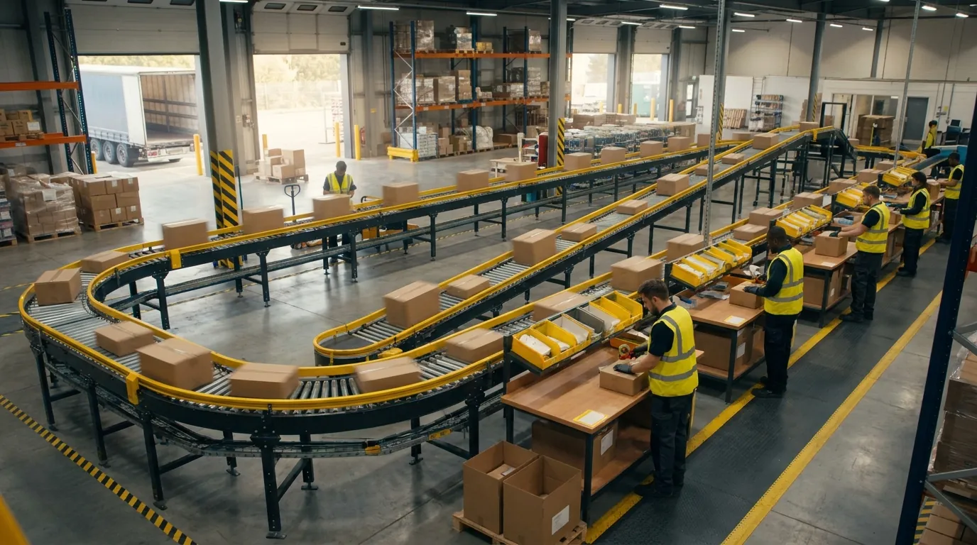 Wide shot of distribution center conveyors and packing stations