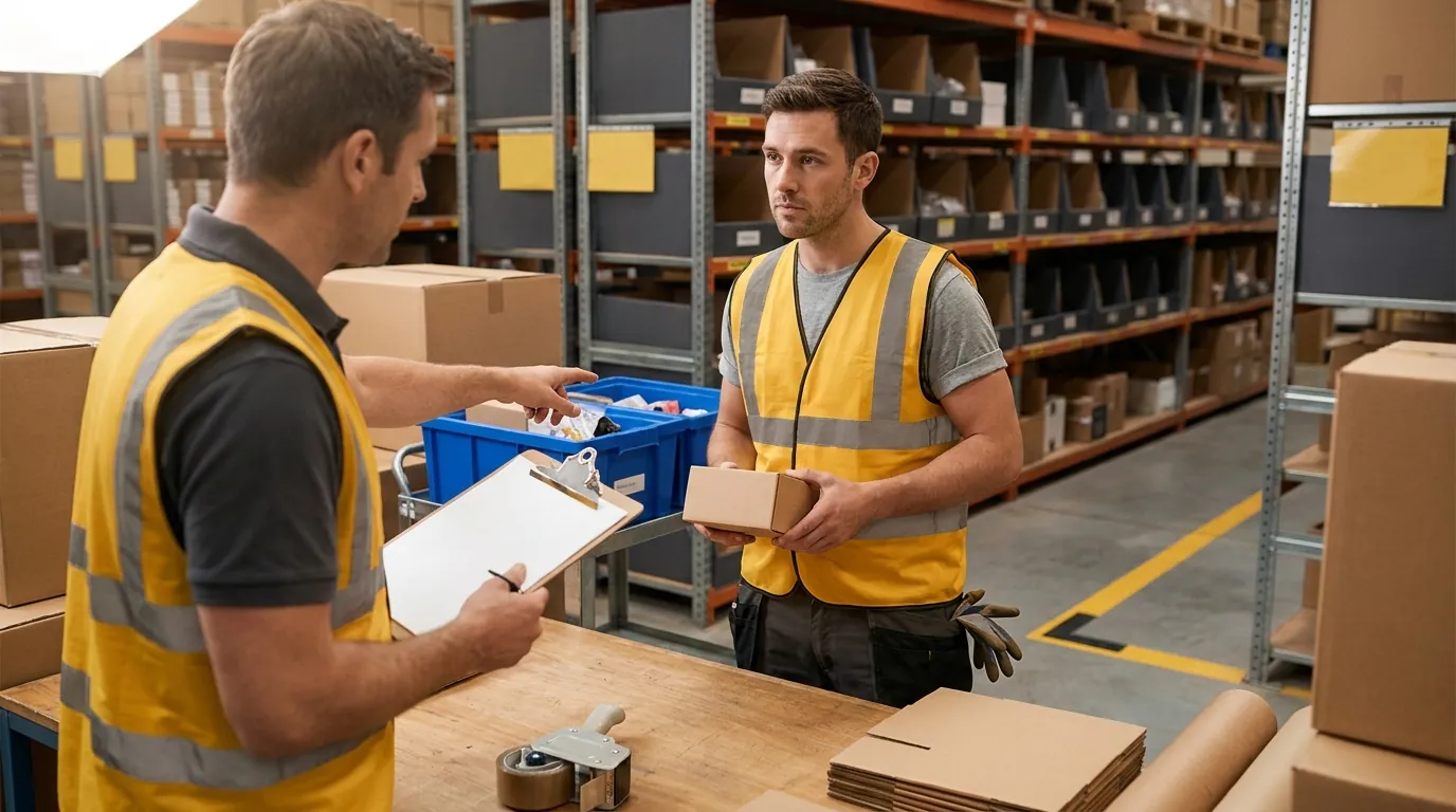 Supervisor coaching warehouse worker at pack station on accuracy