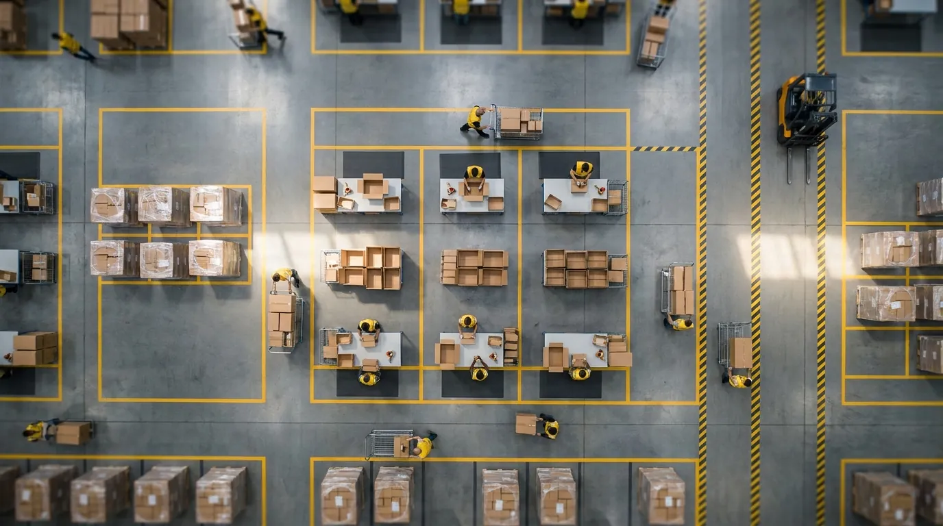 Aerial view of organized warehouse floor zones and pack stations