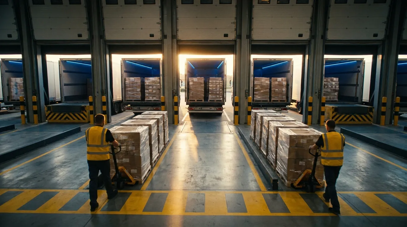 Workers loading pallets onto trucks at distribution center dock