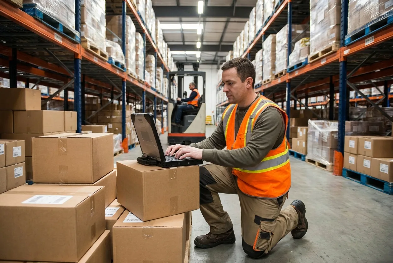 Male warehouse worker in uniform using laptop computer in distribution center