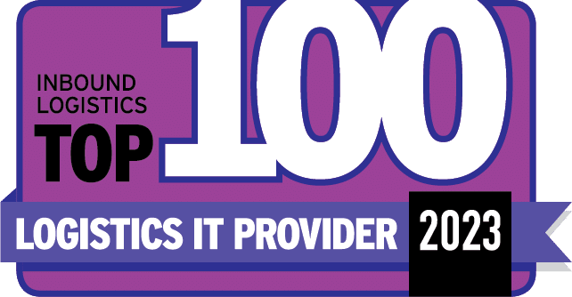 Top 100 Logistics IT Provider 2023 award badge in purple gradient design