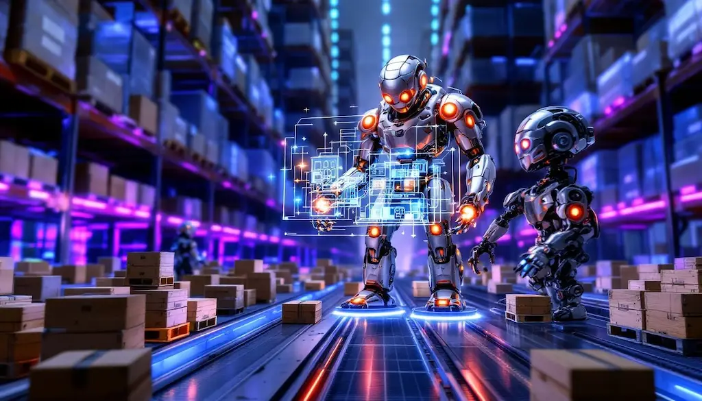 large and small robots in warehouse automation scene