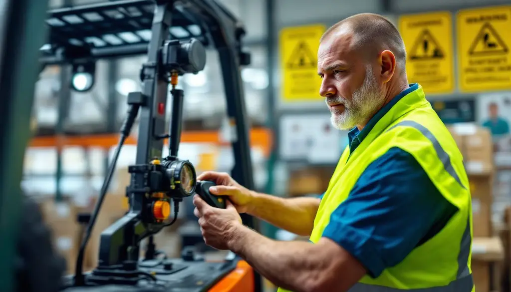 man conducting forklift safety inspection in warehouse