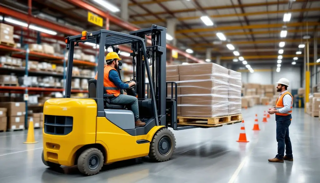 man in forklift and supervisor in warehouse