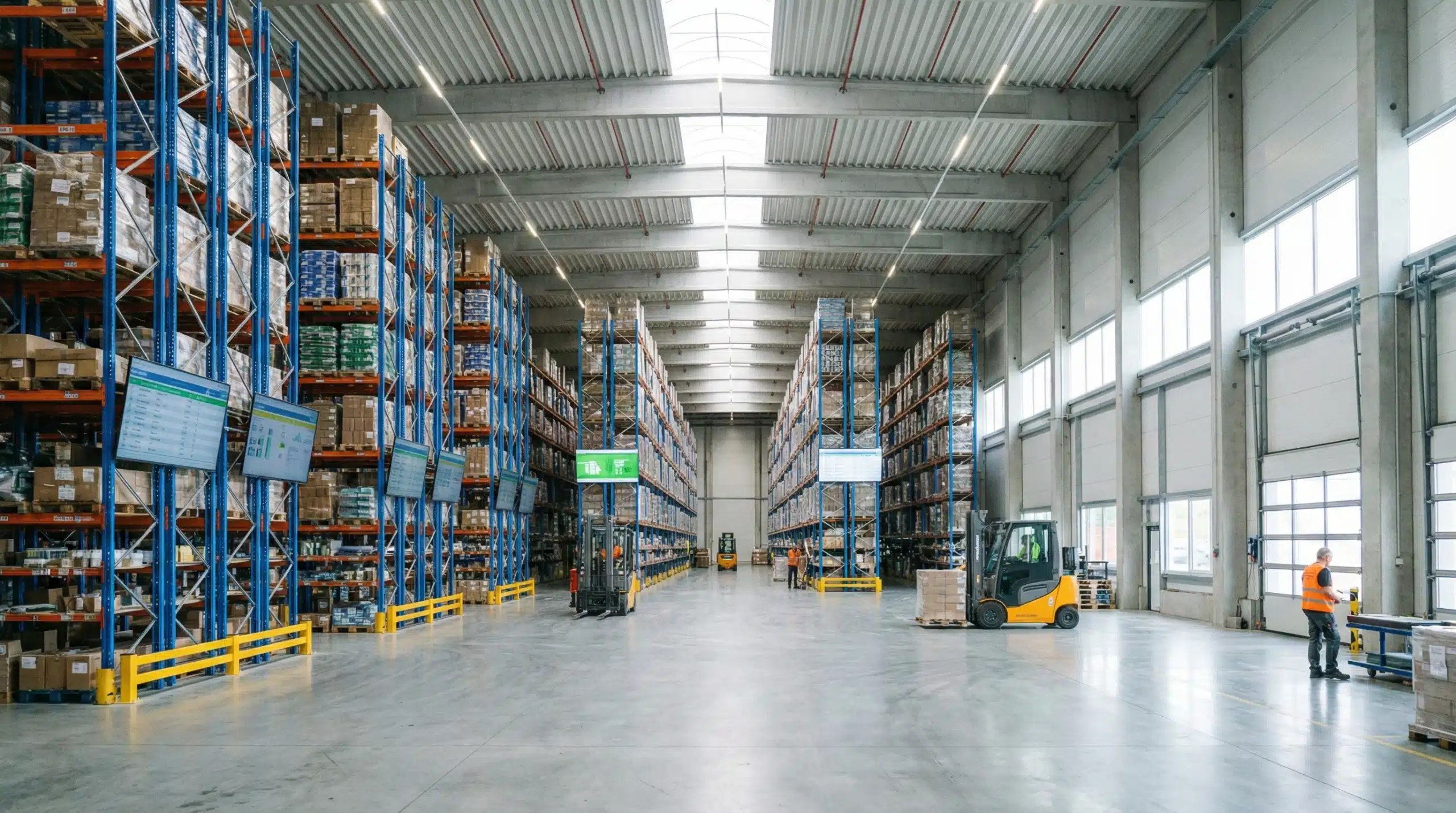 Large warehouse with blue pallet racking systems storing inventory for just-in-time management