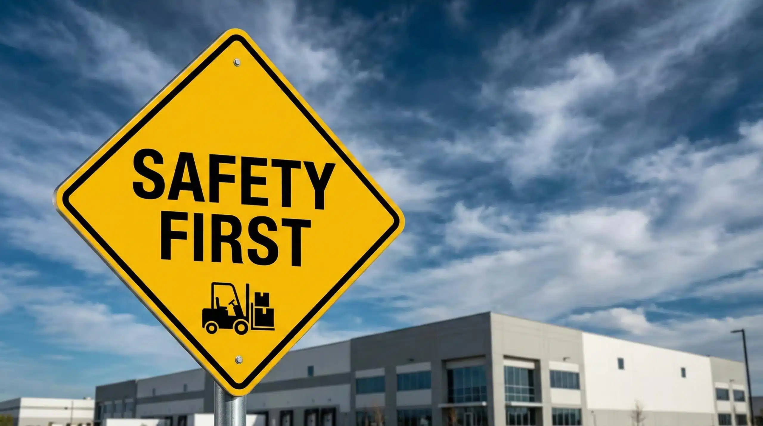 Yellow safety first road sign against cloudy blue sky for warehouse safety