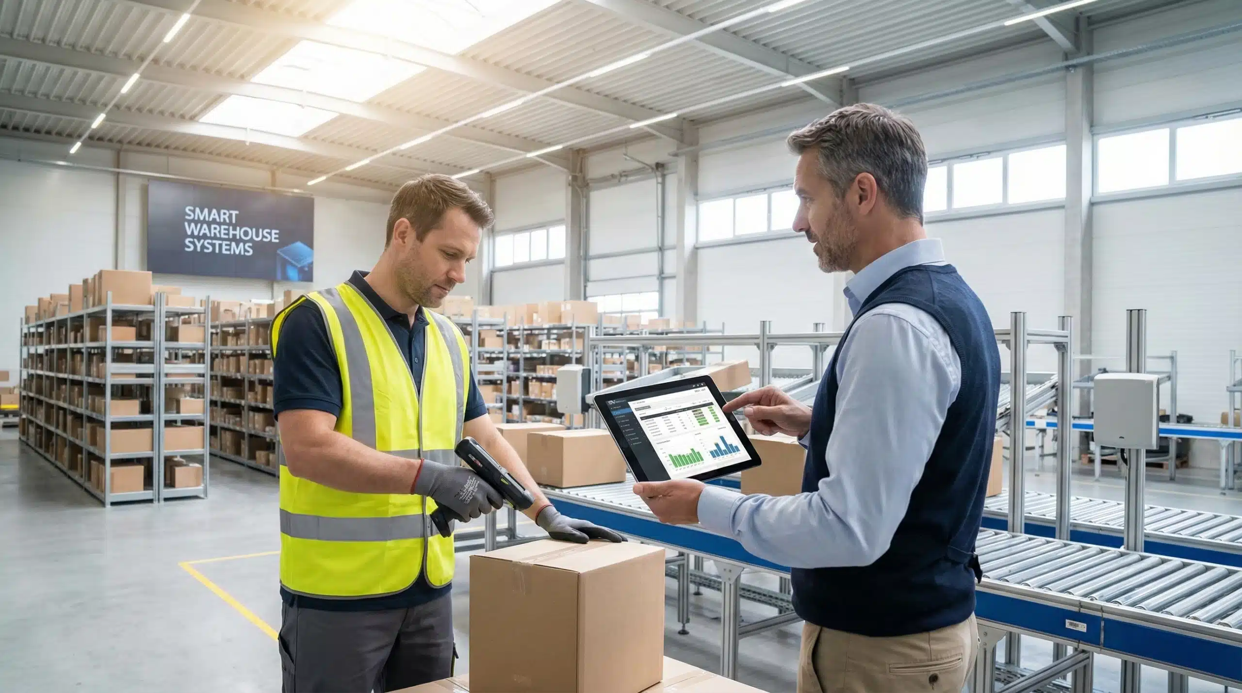 Warehouse worker using RF scanner while manager reviews RFID inventory data on tablet