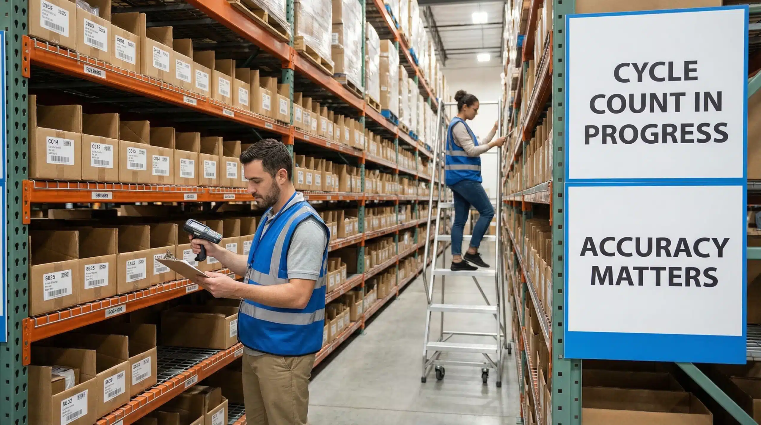 Warehouse workers conducting cycle count inventory with barcode scanners and accuracy matters signage