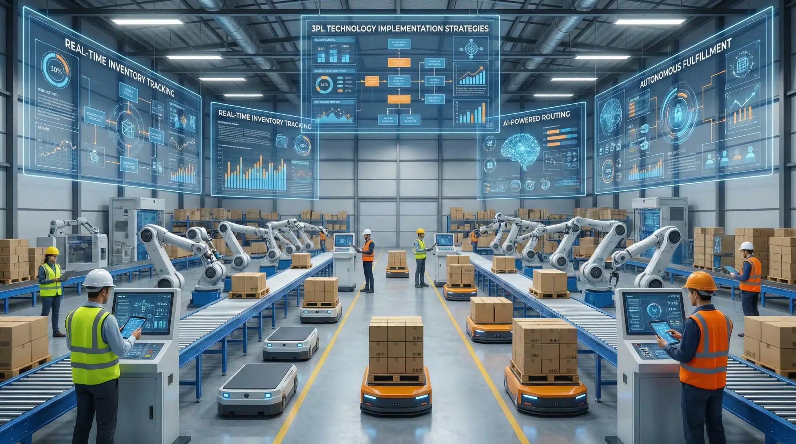 Modern automated warehouse with digital interfaces showcasing 3PL technology implementation strategies