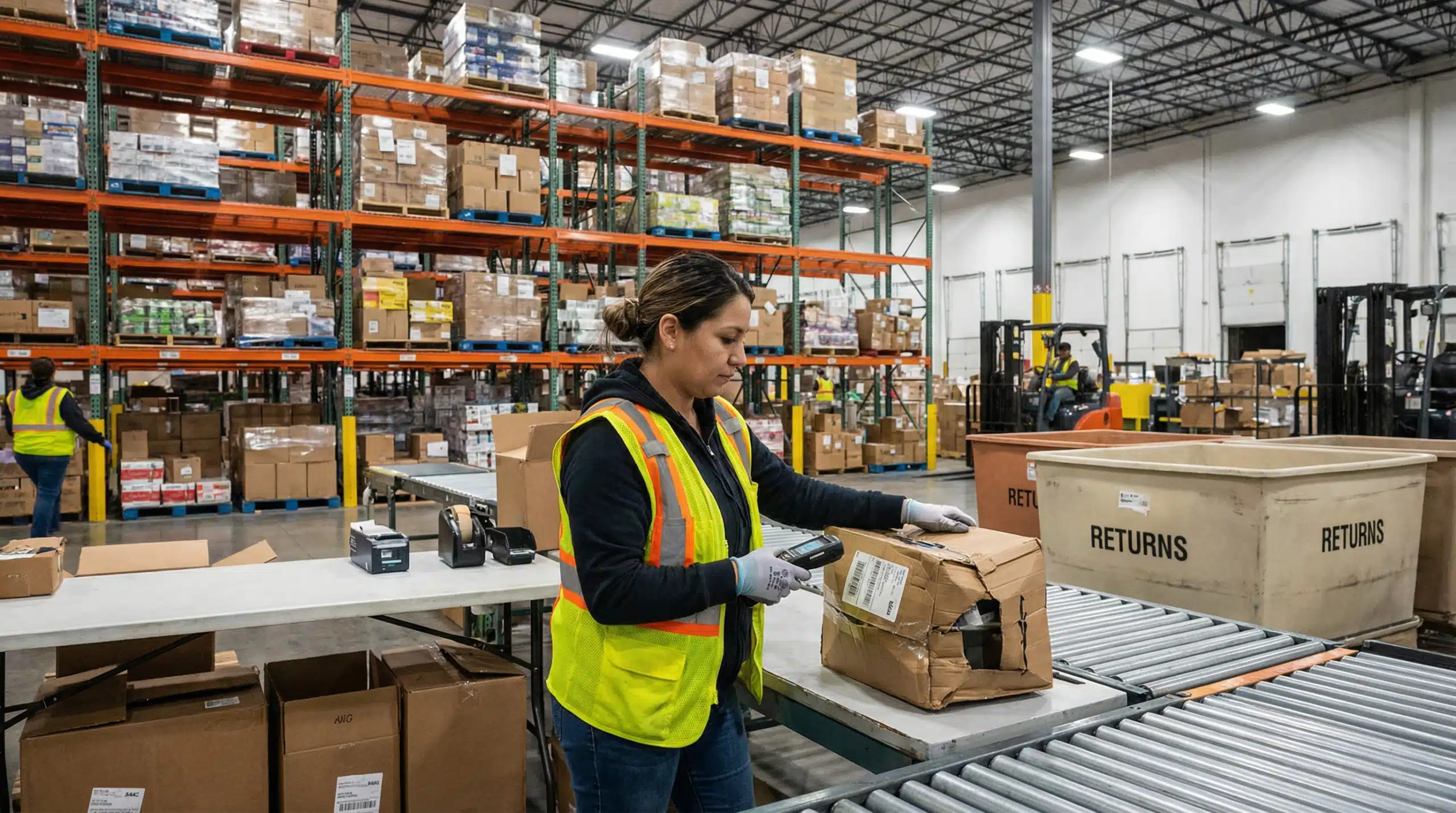 Warehouse worker processing product returns near pallet racking in distribution center