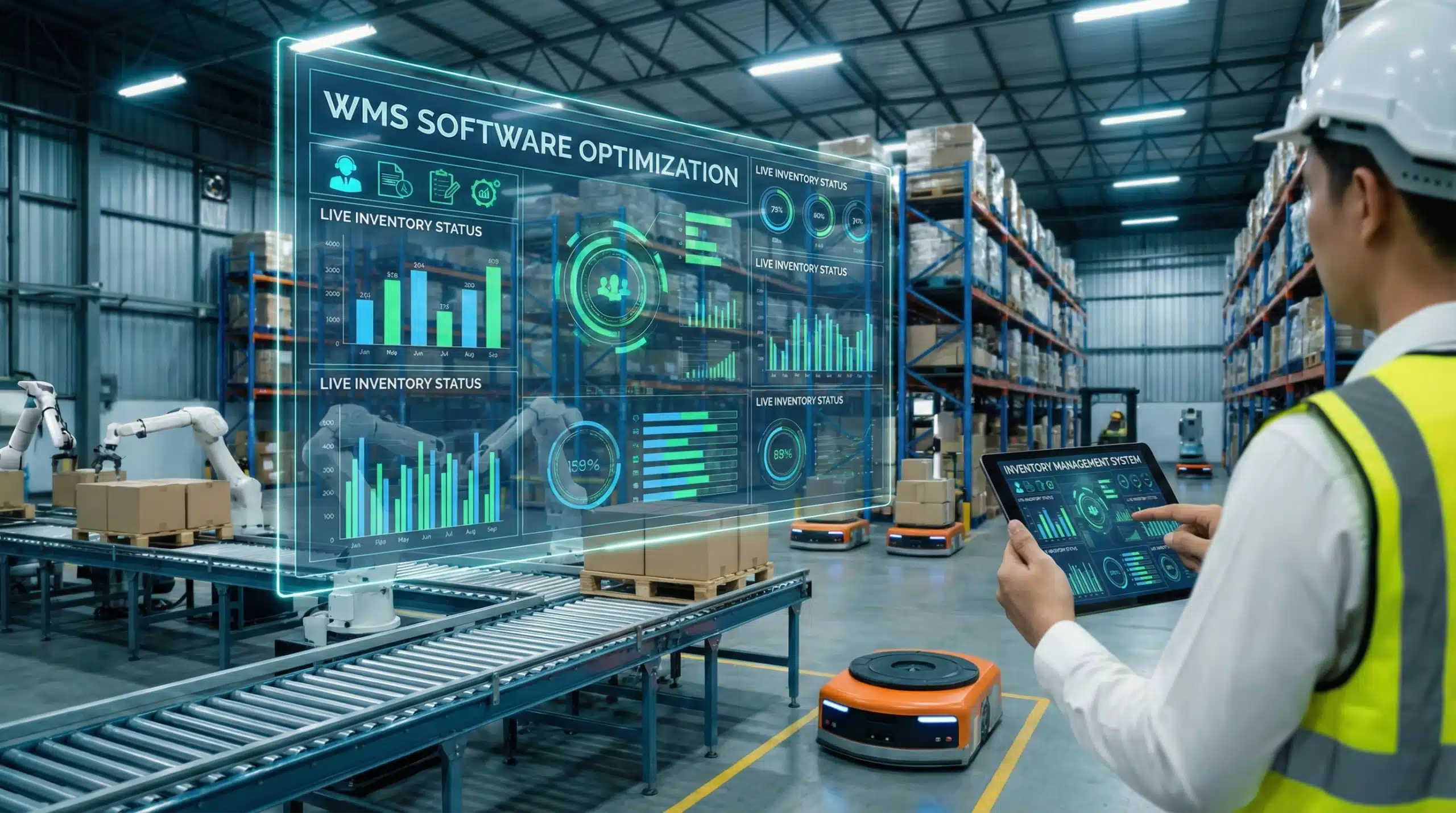 Modern warehouse with WMS software dashboard optimizing warehouse operations