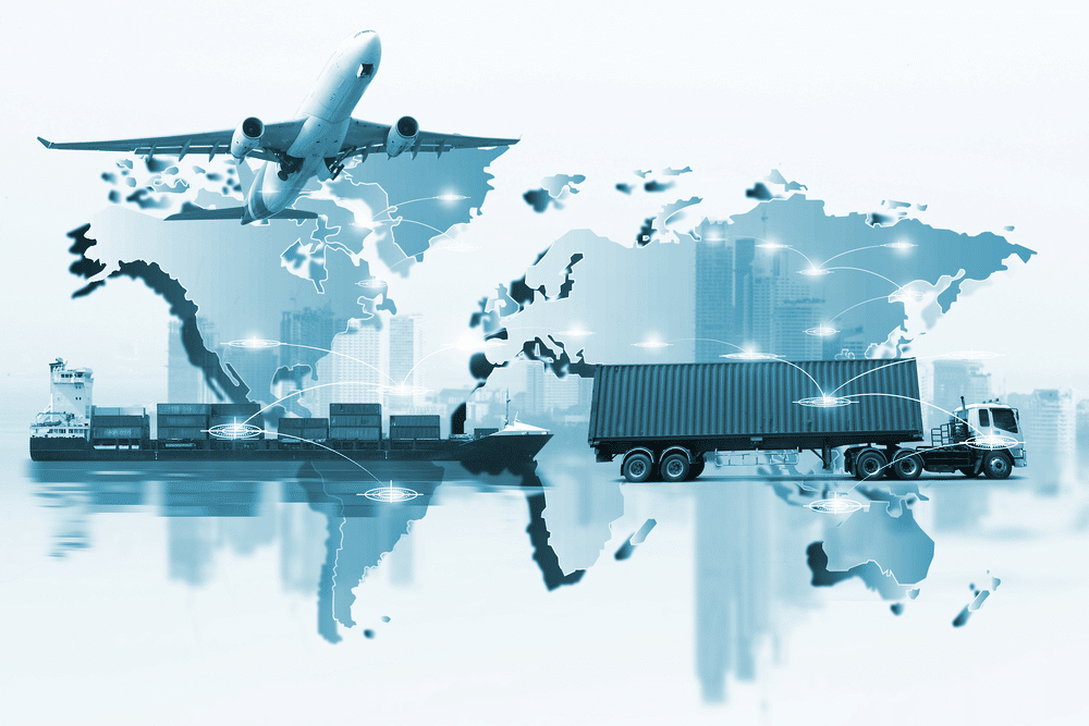 shipping by plane, ship, truck and world map in background