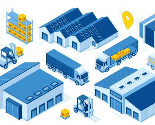 showing warehouse actions: trucks, warehouses, shelving, forklift