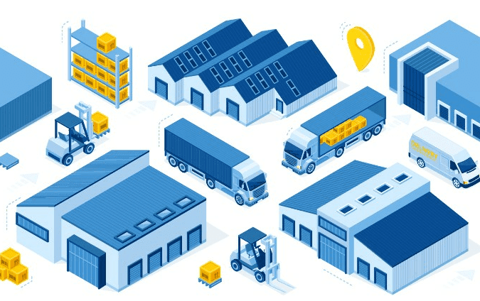 showing warehouse actions: trucks, warehouses, shelving, forklift