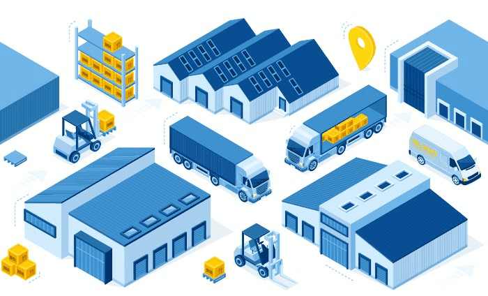 trucks, forklifts, racks, and buildings showing inventory management across multiple warehouse locations