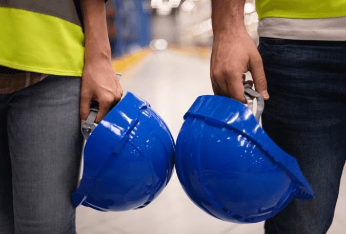 Two-warehouse-employees-with-safety-helmets-and-attire