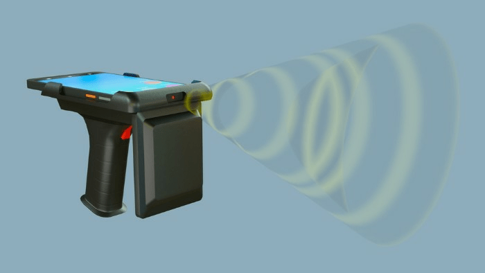 the action of scanning, showing radio waves coming from the device