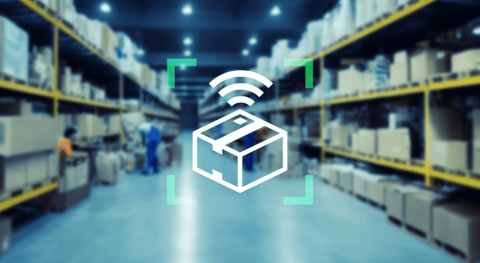 box icon with a WIFI symbol representing tracking such as RFID or NFC for that box with a warehouse in the background