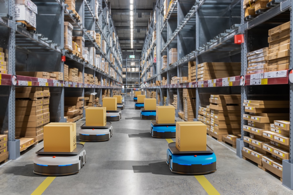 logistics automation robots moving boxes in warehouse