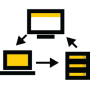 icon with a desktop, laptop, and server with connecting arrows representing ASN and EDI connections