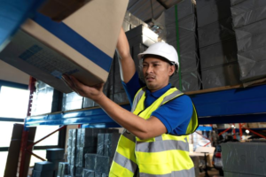 warehouse worker replenishing inventory by putting a box of product on the shelf