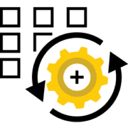boxes in a row and a settings icon with a continuous process arrow
