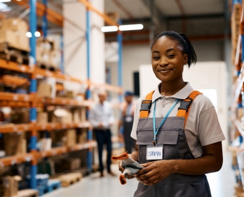 happy-african-american-female-warehouse-worker-looking at the camera