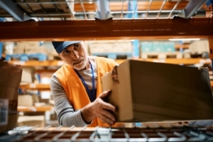 warehouse worker putting a box on a rack