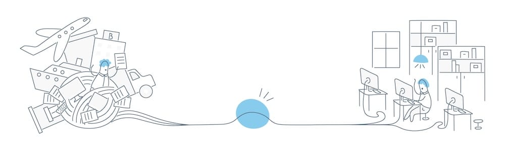 consumer ordering an item with a line drawn to a various forms of shipment with a circle in the middle representing a supply chain disruption