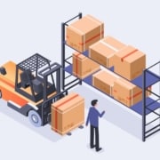 warehouse worker pointing at a shelf of boxes while a forklift is moving a box