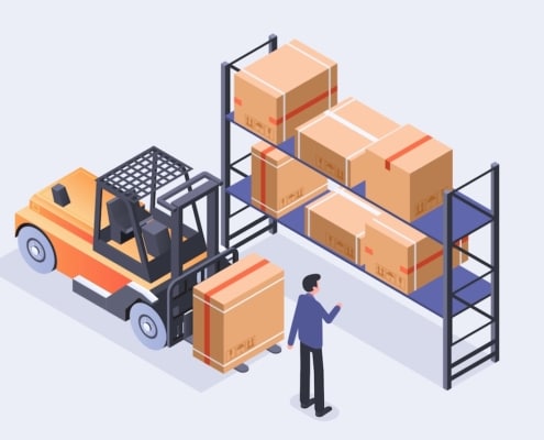 warehouse worker pointing at a shelf of boxes while a forklift is moving a box